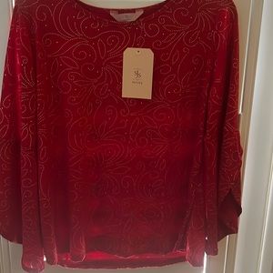 SJS Petites Top round neckline size Petite L NWT Red and Gold bell sleeves
